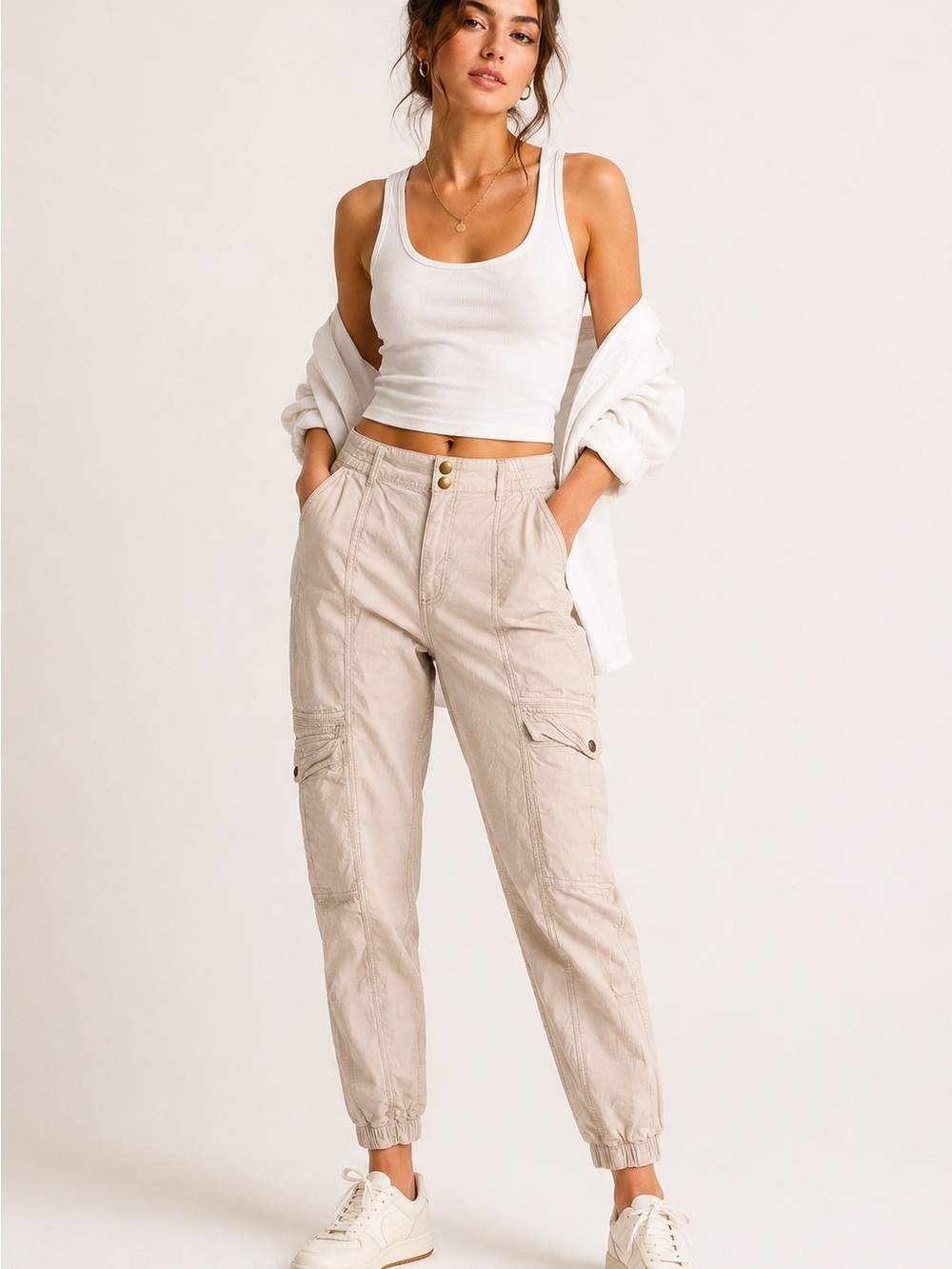 Garage Cargo Jogger Pants Women’s XS Beige Utility High Rise Elastic Ankle